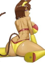 twitter_link no_ai 2026 pinup kit_(gameoverse) gameoverse glitch_productions first1.01 anthro feline brown_hair short_hair bikini female_protagonist tail cat_ears two-tone_bikini panties back feline_humanoid humanoid big_thighs huge_breasts big_breasts big_ass bikini_bottom bikini_top