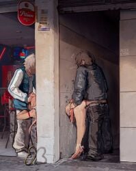 3boys alterkyon cum english_text gay gay_male glory_wall highres long_hair magicorps_(alterkyon) male_focus multiple_boys penis pink_hair public_use sex spitroast stuck tadakuni_(alterkyon) through_wall trap yaoi