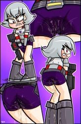 megatron yellowzonemx purple_shorts ass white_hair red_eyes sharp_teeth angry angry_expression angry_face omorashi peeing_self wetting wetting_self peeing pissing pissing_on_self blushing embarrassed blush disbelief transformers decepticon human crotch_grab crossed_legs knees_together_feet_apart crotch_focus ass_focus big_gun cameltoe spats_shorts shorts