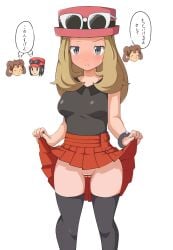 1boy 2girls bar_censor black_thighhighs blush brown_hair calem_(pokemon) censored closed_mouth clothes_lift collared_shirt commentary_request embarrassed eyelashes eyewear_on_headwear full-face_blush grey_eyes hat highres knees lifting_own_clothes long_hair multiple_girls pink_hat pleated_skirt pokemon pokemon_x_and_y pokemon_xy pussy red_skirt serena_(pokemon) shauna_(pokemon) shirt sidelocks skirt skirt_lift sleeveless sleeveless_shirt speech_bubble sunglasses thighhighs translation_request white-framed_eyewear white_background zayaku_(wedn4324)