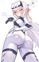 1girl ass blowing_kiss blue_archive bodysuit breasts cameltoe commentary_request covered_erect_nipples goggles goggles_on_head halo highres himari_(armed)_(blue_archive) himari_(blue_archive) huge_ass long_hair looking_at_viewer looking_back matsumaramara pointy_ears purple_eyes small_breasts solo white_hair