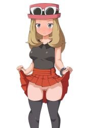 bar_censor black_thighhighs blush brown_hair censored closed_mouth clothes_lift collared_shirt commentary_request embarrassed eyelashes eyewear_on_head eyewear_on_headwear full-face_blush grey_eyes hat highres knees lifting_own_clothes long_hair pink_hat pleated_skirt pokemon pokemon_x_and_y pokemon_xy pussy red_skirt serena_(pokemon) shirt sidelocks skirt skirt_lift sleeveless sleeveless_shirt solo sunglasses textless_version thighhighs white-framed_eyewear white_background zayaku_(wedn4324)