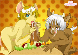 3boys anthro ass balls blue_eyes bovine brown_hair bull calicoyuki color cum cutesauce erection femboy food fur furry gangbang horns looking_at_viewer male mouse nipples nude oral penis pov rodent sex short_hair silk tail thighs toby_(lavenderpandy) tongue wide_hips