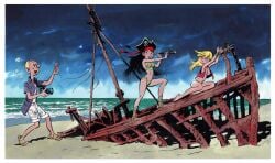 1boy 2girls bikini black_hair blonde_hair bottomless camera fantasio jebb ororea pirate_hat seccotine spirou_et_fantasio spirou_magazine telescope tied_hands vest