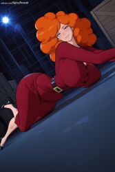 1girl ai_generated ass belt black_footwear blush bookshelf breasts cleavage half-closed_eyes hi_res high_heels high_quality high_resolution large_breasts looking_at_viewer lying orange_hair parted_lips patreon patreon_username powerpuff_girls sara_bellum seductive sexy shirt skirt smile solo sonia_(pokemon) spicytoonai uncensored watermark