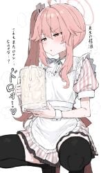 blue_archive natsu_(blue_archive) beer_mug apron black_thighhighs kumiyabe japanese_text wrist_cuffs pink_hair halo striped_clothing squatting 1girls cum cum_mug repost