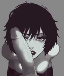 1boy 1boy1girl 1girl 1girls alt_girl arms_behind_back balls big_penis black_hair black_lips black_lipstick black_makeup black_thighhighs boobs breasts cock cock_on_face commissions_open dick dick_on_face digital_drawing_(artwork) digital_media_(artwork) drawing duo erect_penis erection eyelashes female female_focus goth goth_girl half-dressed half_naked half_nude hiimehhhh kneeling large_penis lip_piercing lipstick looking_at_viewer makeup medium_hair messy_hair monochrome nipples no_bra no_panties no_underwear nose_piercing open_mouth original_character penis penis_on_face pierced_nose piercing piercings pov shaded short_hair simple_background sitting smile testicles thighhighs thighhighs_only tits top_view undressed woman