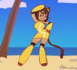 2026 2d_animation animal_humanoid animated armwear beach black_clothing black_legwear bouncing_breasts breasts brown_body brown_fur brown_hair cat_humanoid clothing dress eyewear eyewear_on_head felid felid_humanoid feline feline_humanoid female female_only floating_fingers front_view fur gameoverse genitals glitch_productions goggles goggles_on_head hair hand_on_butt hand_on_hip hi_res humanoid kit_(gameoverse) legwear looking_at_viewer loop mammal mammal_humanoid nipples outside pink_nipples plant red_eyes sand smile smirk solo standing stupiddummybunny tan_body tan_skin tree undressing vulva white_clothing white_dress wide_hips yellow_armwear yellow_clothing yellow_dress yellow_eyewear yellow_goggles yellow_legwear