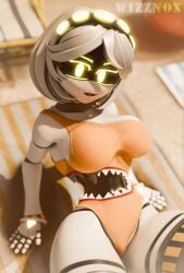 murder_drone v_(murder_drones) v_(murder_drones)_(bysamzan) 3d_(artwork) 3d looking_at_viewer beach beach_towel white_hair yellow_eyes android robot swimsuit