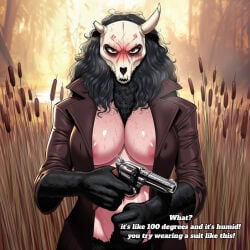 1girls ai_generated angry badendbat_(artist) black_fur breasts brown_coat caption female female_only gloves hunt_showdown light_skin nipple_peek nipples novelai perchta_(dusk) revolver skull_mask solo sweaty upper_body
