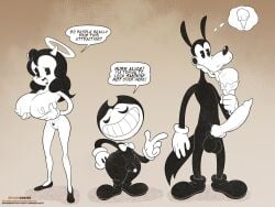 alice_angel animal_genitalia animal_penis anthro balls bendy_and_the_ink_machine bendy_the_dancing_demon big_breasts black_body black_hair boris_the_friendly_wolf boris_the_wolf breasts brown_background canid canine canine_genitalia canine_penis canis clothing clowndevil dessert domestic_dog erection female food footwear genitals gloves grin group hair halo handwear hi_res high_heels humanoid ice_cream knot knotted_penis long_hair male mammal mascot_horror mole_under_eye penis pubes shoes simple_background smile spacec00kies speech_bubble thought_bubble top_heavy trio vulva white_body