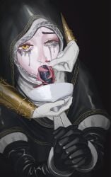 1girl absurdres applying_gag begging black_gloves bound bound_arms brown_eyes cape crying crying_with_eyes_open dildo_gag dildo_under_mask elden_ring elden_ring_nightreign gag gloves highres looking_at_viewer mask multiple_tongues newkay22 nose_tube nun pillory restrained solo tears undertaker_(elden_ring)