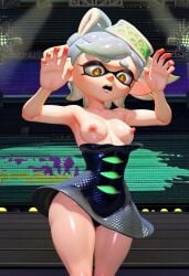 ai_generated marie_(splatoon) 1girls solo wretcheduniverse wardrobe_malfunction accidental_exposure nipples breasts breasts_out dress_down hands_up embarrassed public_nudity embarrassed_nude_female accurate_art_style strapless_dress on_stage mouth_open shocked_expression shocked_eyes hat canon_costume splatoon splatoon_(series) nintendo