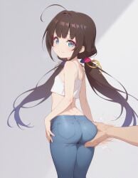 long_hair loose_hair slutty_female petite_female small_ass young_female heavenly_ass heavenly_body focus_on_ass blue_jeans no_panties crop_top white_skin flat_chest tempting_viewer ai_generated hinatsuru_ai blue_eyes brown_hair grabbing_ass