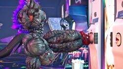 1boy absurd_res anthro arcade_machine balls big_muscles chained_collar dragon genitals hi_res huge_muscles hyper hyper_muscles machine male male_only muscular muscular_cock mythological_creature mythological_scalie mythology penis prostitution_machine purple_hair roxydrake scalie second_life size_difference solo vein veiny_balls veiny_penis
