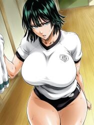 fubuki_(one-punch_man) one-punch_man green_hair green_eyes gym gym_uniform tite_kubo_style sweat sweaty shao145 solo solo_female 1girls mature_female curvy curvy_figure curvy_body curvy_female ai_generated big_breasts large_breasts huge_breasts light_skin light-skinned_female shiny_skin looking_at_viewer