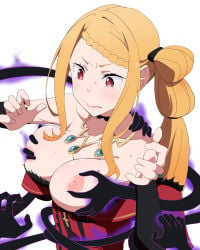 priscilla_barielle re:zero_kara_hajimeru_isekai_seikatsu re:zero breasts_out big_breasts exposed_breasts blonde_hair_female blonde_female blonde_hair blonde light-skinned_female groping_breasts groping touching_breasts grope magic_hands sexual_harassment molesting molestation unamused sole_female
