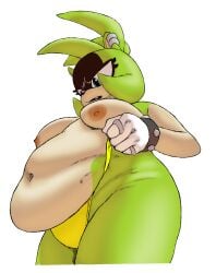 absurd_res afrosoricid anthro areola belly bikini breasts clothed clothing female gloves green_body handwear hi_res idw_publishing jenokamui mammal nipples overweight overweight_female sega sharp_teeth solo sonic_the_hedgehog_(comics) sonic_the_hedgehog_(idw) sonic_the_hedgehog_(series) surge_the_tenrec swimwear teeth tenrec topless two-piece_swimsuit