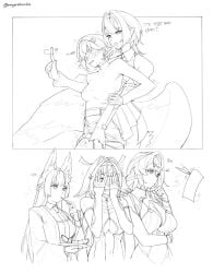 5girls animal_ears belle_(zenless_zone_zero) blush breasts cleavage collared_shirt commentary covering_own_eyes eating english_commentary english_text fingering food fox_ears fruit greyscale hair_ornament highres hoshimi_miyabi large_breasts long_hair medium_hair melon meous monochrome multiple_girls necktie no_eyes pointy_ears pussy_juice reach-around remielle_dan shirt short_hair skirt sweat teaching twitter_username underboob wings ye_shunguang yixuan_(zenless_zone_zero) yuri zenless_zone_zero