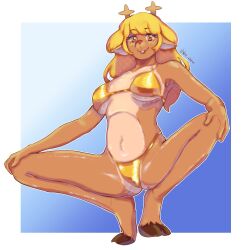 anthro antlers artist_signature bikini blonde_female blonde_hair boobs breasts brown_fur cute deer deer_girl deltarune female female_focus female_only furry furry_female gold_bikini golden_bikini golden_week hips legs_apart legs_spread long_hair mammal new_world_deer noelle_(deltarune) noelle_holiday orange_eyes pose reindeer solo undertale_(series) vex_nsfw