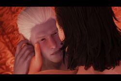 3d anal_sex baldur's_gate_3 black_hair blush consensual dark-skinned_male dark_elf dark_skin drow elf elf_ears gay gay_sex homosexual implied_penetration implied_sex interspecies larian_studios love_making male_drow missionary_position moaning obscured_face obscured_penetration pleasure_face pointy_ears tav_(baldur's_gate) tav_(baldur's_gate)_(male) true_soul_nere white_hair eyelashes eye_contact red_eyes sweat sweating parted_lips holding_hands caressing sensual post_orgasm blushing bedding mole long_hair_male