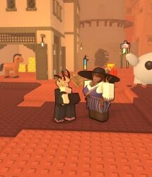1boy 1girls 3d background_characters big_breasts block_tales breasts calypso_(block_tales) cleavage clothed flintlock fully_clothed gun mike_(pinkishpinkas) outdoors parody pinkishpinkas roblox roblox_avatar roblox_game robloxian tagme thick_thighs thighs