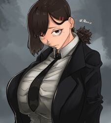 1girl 1girls 2d 2d_(artwork) bangs big_breasts boobs breasts breasts_bigger_than_head brown_eyes brown_hair busty button_down_shirt button_gap buttons chainsaw_man fully_clothed higashiyama_kobeni huge_breasts kobeni_higashiyama looking_at_viewer looking_up mavrix nervous office_lady ponytail shirt shirt_open shy solo solo_female tits