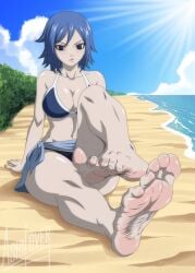 1girl solo juvia_lockser fairy_tail blue_hair short_hair bob_cut hair_between_eyes large_breasts cleavage midriff wide_hips curvaceous bikini blue_bikini white_trim swimsuit blue_sarong sarong barefoot soles feet foot_focus detailed_feet wrinkled_soles presenting_feet white_toenails legs_up spread_legs sitting leaning_back beach sand ocean sea sunny_day bright_lighting sun_rays sky clouds outdoors ashilover44 bare_soles barefeet female foot_fetish presenting red_soles sole_female soles_female soles_fetish toenails toes feet_fetish