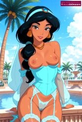 1girl ai_assisted ai_generated aladdin_(1992_disney_film) bare_shoulders black_hair blue_sky breasts breasts_apart brown_eyes cameltoe cloud corset dark-skinned_female dark_skin day detached_sleeves disney disney_princess earrings fishnet_thighhighs fishnets garter_belt garter_straps hairband high_heels jasmine_(aladdin) jewelry lingerie long_hair looking_at_viewer low-tied_long_hair makeup medium_breasts necklace nipples outdoors palm_tree panties parted_lips princess princess_jasmine royalty see-through sky smile solo stelmazura thigh_gap thighhighs tree underwear water white_panties