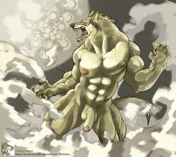 abs angry anthro balls barazoku canine claws fangs fog front_view full_moon fur furious_(artist) furry hyper male male_only moon muscles nude penis pose saliva snarl standing uncut werewolf wolf