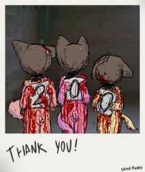 anthro blindfold blood bodily_fluids border bravobunny brown_mask english_text excessive_blood female flaccid fur genitals gore grey_border group hi_res holding_object holding_sign humanoid_genitalia humanoid_penis male mammal mask nude penis pink_body pink_fur sign standing text thank_you trio vulva yellow_body yellow_fur