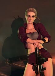 1girls 3d 3dcg absurdres blonde-haired_female collarbone cropped denim_shorts emotionless emotionless_female exellinz expressionless female female_only femdom filtered game_screenshot holding_weapon jean_shorts leaning_to_the_side mature_female navel playa_(saints_row) purple_outfit purple_shorts rocket_launcher saints_row saints_row_the_third screenshot short-haired_female source_request tubetop video_game