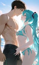 ai_generated attack_on_titan beach bikini bikini_top blue_eyes blue_hair brown_hair crossover eren_jaeger green_eyes happy hatsune_miku muscular_male ready_for_sex sea seductive seductive_smile sexy sexy_bikini sexy_body sexy_female shingeki_no_kyojin standing swelling swimming_trunks vocaloid
