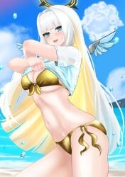 1girls 2d 2d_(artwork) beach big_breasts bikini blue_eyes blush breasts curvy curvy_body curvy_female eru_nabura estebaneishon1 fanart female female_only gold_bikini golden_bikini golden_week headset hispanic_virtual_youtuber huge_breasts indie_virtual_youtuber latam_virtual_youtuber light-skinned_female light_skin looking_at_viewer lowres thick_thighs thighs two-tone_hair virtual_youtuber vtuber vtuberfanart white_hair white_shirt