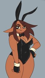 1girl 1girls 2025 big_ears bowtie brown_hair bunnysuit color colored dalia_(iagoanims) dark-skinned_female female female_focus female_only freckles freckles_on_chest freckles_on_face freckles_on_thighs hand_on_hip iagoanims long_ears pointy_ears smiling smug solo solo_female solo_focus tagme thick_thighs