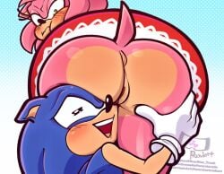 amy_rose angry annoyed anthro anus big_butt blue_background blue_body blue_fur blush butt clothed clothing dress duo eulipotyphlan eyelashes face_against_ass female fur genitals gloves green_eyes handwear hedgehog hug hugging_another hugging_butt looking_back male male/female mammal no_underwear pattern_background pink_body pink_fur scarstar sega simple_background smile sonic_the_hedgehog sonic_the_hedgehog_(series) tail tan_body tan_skin vulva watermark