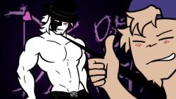 artful_(die_of_death) bara barazoku bashful blush blush_lines blushing buff buff_male civilian_(die_of_death) die_of_death_(roblox) kyuuro leash leash_pull leashed_collar leashed_male male_only mask masked_male muscles muscular muscular_male nervous nervous_smile pulling_leash roblox roblox_game shirtless shirtless_male taunt_(die_of_death) thumbnail youtube_thumbnail