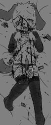 anthro blood bodily_fluids bravobunny canid canine canis clothing domestic_dog floppy_ears genitals gore greyscale humanoid_genitalia humanoid_penis legwear lop_ears lying male mammal monochrome on_back penis razor_blade self-harm solo thigh_highs