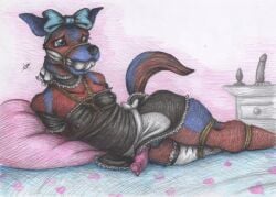 animal_genitalia animal_penis anthro arms_tied artist_logo athletic athletic_anthro athletic_male bdsm bed black_nose blue_body blue_eyes blue_fur blue_tail bondage bound buttplug canid canine canine_genitalia canine_penis canis cloth_gag clothed clothing colored_pencil_(artwork) dildo eyelashes femboy fur furniture gag gagged genitals gizmo_(puddinpop34) graphite_(artwork) hands_behind_back improvised_gag legs_tied legwear logo lying lying_on_bed maid_uniform male mammal muffled multicolored_body multicolored_fur multicolored_tail nipple_outline on_bed on_side open_mouth open_mouth_gag partially_clothed partially_clothed_anthro partially_clothed_male penis plug_(sex_toy) red_body red_fur red_tail restrained restraints ribbons rope rope_bondage rope_gag rope_harness sex_toy solo spiritalpha submissive submissive_anthro submissive_male tail traditional_media_(artwork) uniform wolf worried