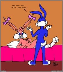 1990s 1994 20th_century anthro babs_bunny blue_fur breasts buster_bunny female fur furry lagomorph looking_at_another male mammal nude rabbit standing text tiny_toon_adventures ttbs uncensored warner_brothers wdf