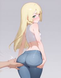 ai_generated blonde_female blue_jeans crop_top flat_chest focus_on_ass green_eyes heavenly_ass heavenly_body lillie_(pokemon) long_hair loose_hair no_panties offer_her_ass petite_female pokemon slapping_ass slutty_female small_ass tempting_viewer white_skin young_female