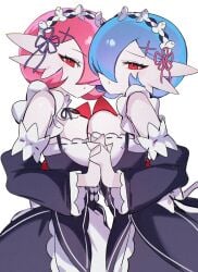 2girls big_breasts black_skirt bob_cut bug chunniwa cosplay cyan_hair female female_only gardevoir gen_3_pokemon huge_breasts maid maid_clothes pink_hair pokemon pokemon_(species) ram_(re:zero) ram_(re:zero)_(cosplay) re:zero_kara_hajimeru_isekai_seikatsu red_eyes rem_(re:zero)_(cosplay) roswaal_mansion_maid_uniform short_hair white_background white_skin