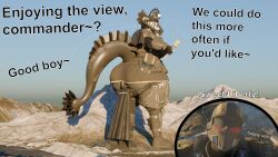 3d blender artist:editorphil character:lyria helldivers_2 ass ass_bigger_than_head ass_focus armored_female 1girls 1boy big_ass big_thighs clothing curvy english_text giant_ass anglerfish head_between_ass outside looking_back hugging_ass blushing_male open_mouth standing thick_thighs training uniform wide_hips gray_skin good_boy