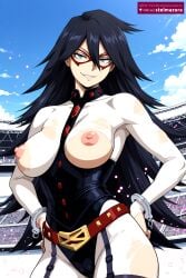 ai_generated ai_assisted stelmazura midnight_(my_hero_academia) my_hero_academia boku_no_hero_academia midnight hero_outfit_(mha) 1girl solo long_hair breasts looking_at_viewer smile blue_eyes large_breasts black_hair hair_between_eyes nipples outdoors sky day belt grin blue_sky torn_clothes bodysuit mask cameltoe skin_tight cuffs hands_on_hips handcuffs superhero red_belt breastless_clothes domino_mask torn_bodysuit