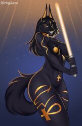 anthro anubian_jackal arm_tattoo big_breasts black_body black_hair breasts canid canine canis digital_media_(artwork) dirtyjace facial_tattoo female hair hi_res jackal leg_tattoo lightsaber looking_at_viewer mammal melee_weapon nipples nude roxanne_(anubisgod) simple_background solo star_wars tattoo weapon