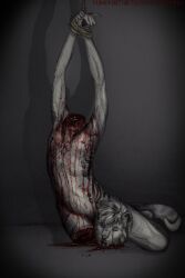anthro arms_tied bdsm black_body black_fur blood bodily_fluids bondage bound cheek_piercing cryotaiga death decapitation ear_piercing facial_piercing fur gore grey_body grey_fur guro hair hi_res lip_piercing male piercing schiavonesca solo wtf