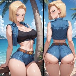 ai_generated android_18 behind_view blushing criticalhai dragon_ball dragon_ball_super dragon_ball_z female female_only sexy_body short_hair short_shorts splits teasing teasing_viewer
