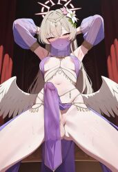 ai_generated alternate_costume areola_slip armpit_crease armpits arms_behind_head balls blonde_hair blue_archive bowlegged_pose covered_nipples cowboy_shot dancer detached_sleeves erection_under_clothes eyelashes feathered_wings flower_ornament from_below futanari gerumusi grin halo harem_outfit indoors long_hair long_sleeves looking_at_viewer low_wings medium_breasts mouth_veil nagisa_(blue_archive) navel pelvic_curtain penis_focus puffy_detached_sleeves puffy_long_sleeves see-through_clothes see-through_veil solo spread_legs straight_hair sweat taker_pov testicles tsurime uncensored yellow_eyes