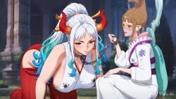 yamato_(one_piece) saint_shalria one_piece tenryuubito celestial_dragon jabbaman58 ai_generated slave leash_and_collar spit spit_in_mouth size_difference women_only female_only lesbian on_all_fours humiliated humiliation degrading degraded gif animated animation horns oni big_breasts big_boobs white_hair chains rubbing face_touching face_rubbing rubbing_face swallowing