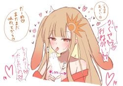 1boy 1girls animal_ears bare_shoulders blonde_hair blunt_bangs blush cho_kaguya-hime! chou_kaguya-hime! cosmic_princess_kaguya female hair_ornament handjob heart heart-shaped_pupils heart_eyes hearts hetero highres japanese_text kaguya_(cho_kaguya-hime!) lesbian_with_male licking licking_penis long_hair looking_at_viewer male male/female narrowed_eyes negative_space negative_space_oral_(meme) off_shoulder onomatopoeia oral orange_eyes orientation_play pale_skin penis pov precum rabbit_ears rabbit_girl saliva simple_background straight tongue tongue_out tunakou27 white_background
